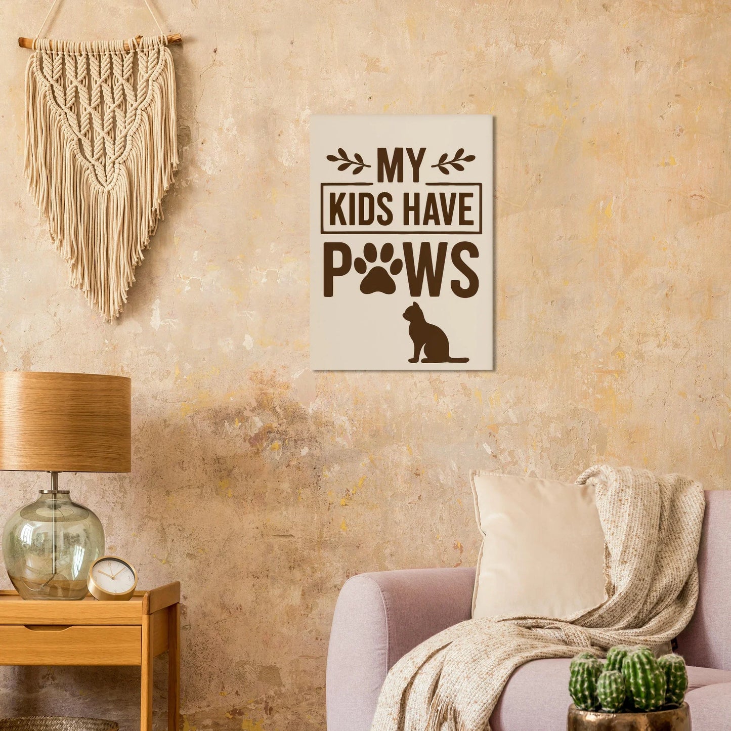 "My Kids Have Paws" Kattkonsttryck i jordnära toner – Perfekt present för kattälskare i flera storlekar