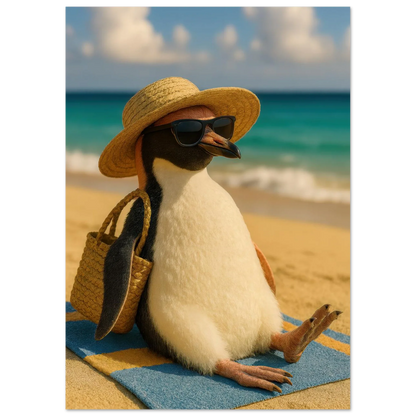 Djur: "Beach Bum Penguin" – Avkopplande Konsttryck för En Touch av Sommarglädje