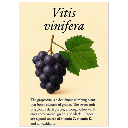 Frukter Vitis Vinifera Poster - Botanisk Druvkonsttryck på Premium Halvblankt Papper
