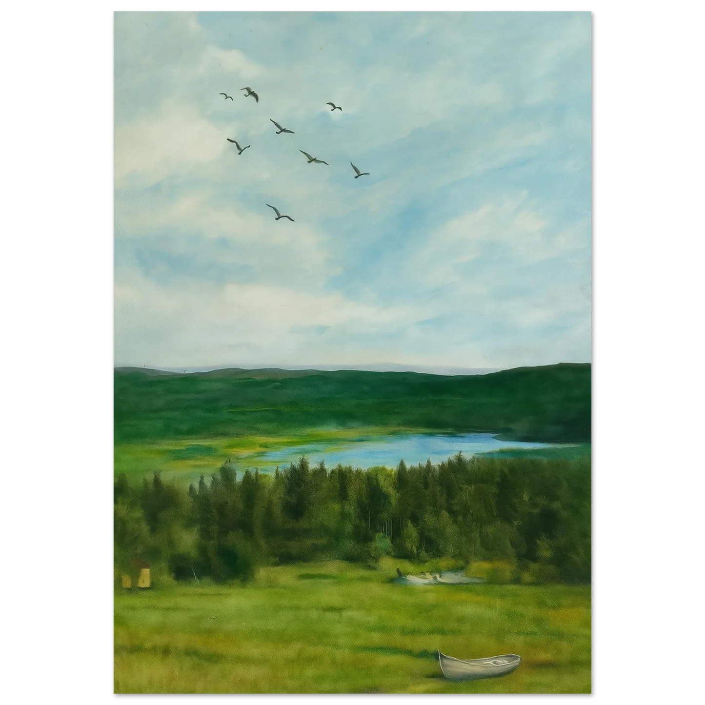 Nordic Serenity: Lake, Forest & Birds Premium Art Print – Choose Your Perfect Size