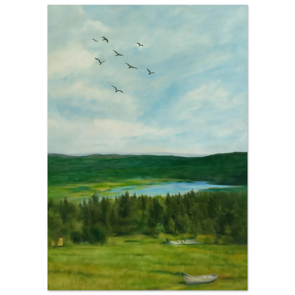 Nordic Serenity: Lake, Forest & Birds Premium Art Print – Choose Your Perfect Size