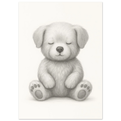 Sleepy Puppy Pencil Sketch Art Print - A Calming & Adorable Nursery Decor Poster