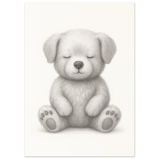 Sleepy Puppy Pencil Sketch Art Print - A Calming & Adorable Nursery Decor Poster