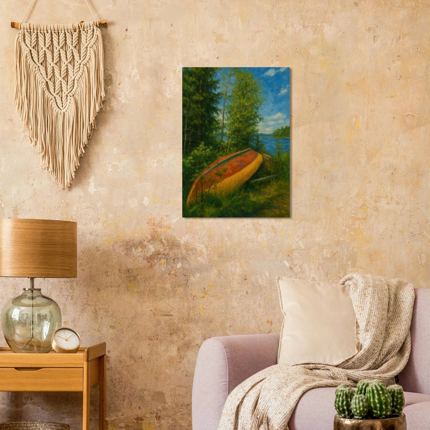 Rustic Lake Serenity: Impressionist Lakeside Canoe Art Print in Your Choice of 29 Sizes