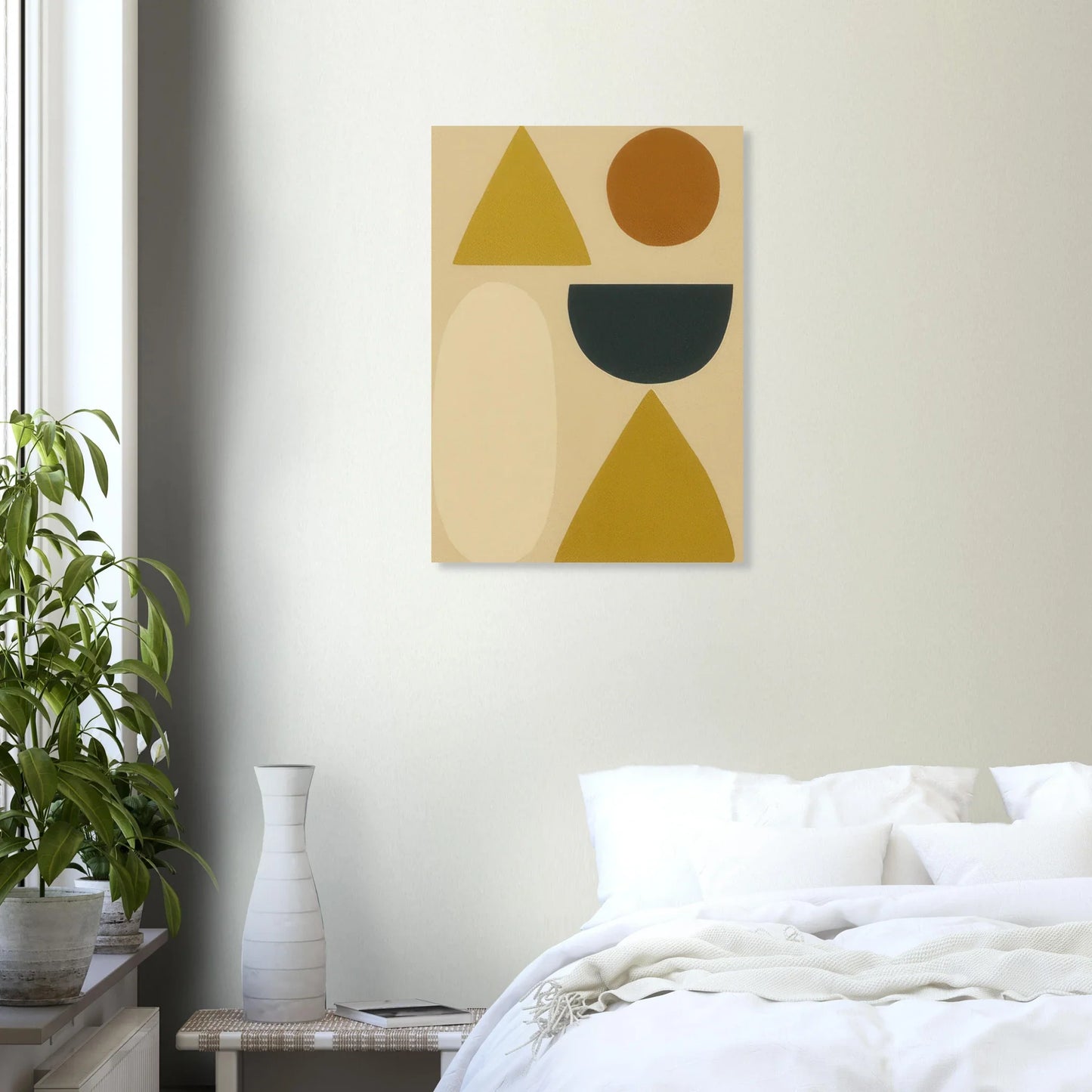 Abstrakt Minimalistisk Geometrisk Konsttryck – Gul, Svart & Rostfärgade Former på Halvblankt Premiumpapper