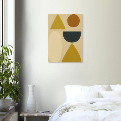 Abstrakt Minimalistisk Geometrisk Konsttryck – Gul, Svart & Rostfärgade Former på Halvblankt Premiumpapper