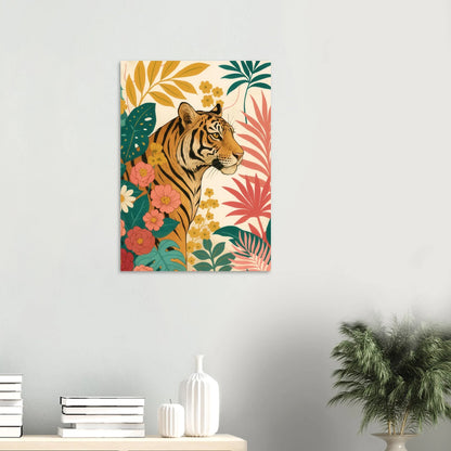 Djur: Exotisk Tiger & Djungelblomma Konsttryck — Halvblank Premium Affisch i Flera Storlekar
