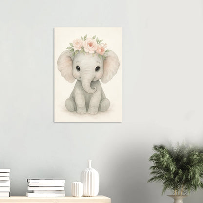 Söt Baby Elefant med Blomsterkrans – Akvarellkonsttryck för Barnrummet