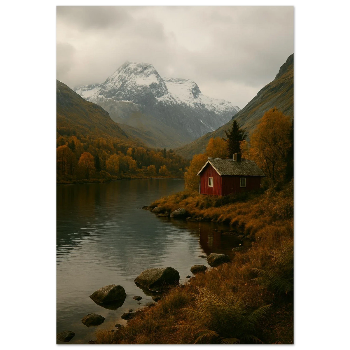 Red Cabin by the Lake: A Serene Autumn Mountain Landscape Poster