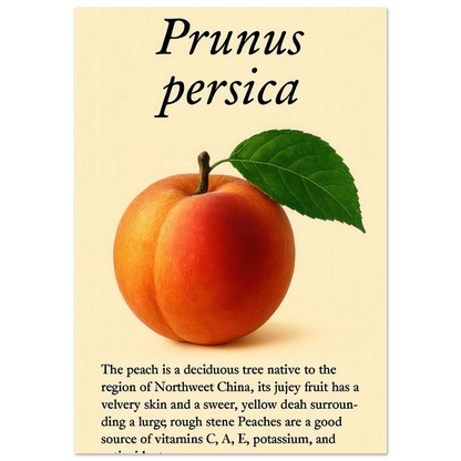 Frukter: Fresh Peach Botanical Art Print – Vibrant & Velvety 'Prunus persica' Poster in Your Choice of Sizes