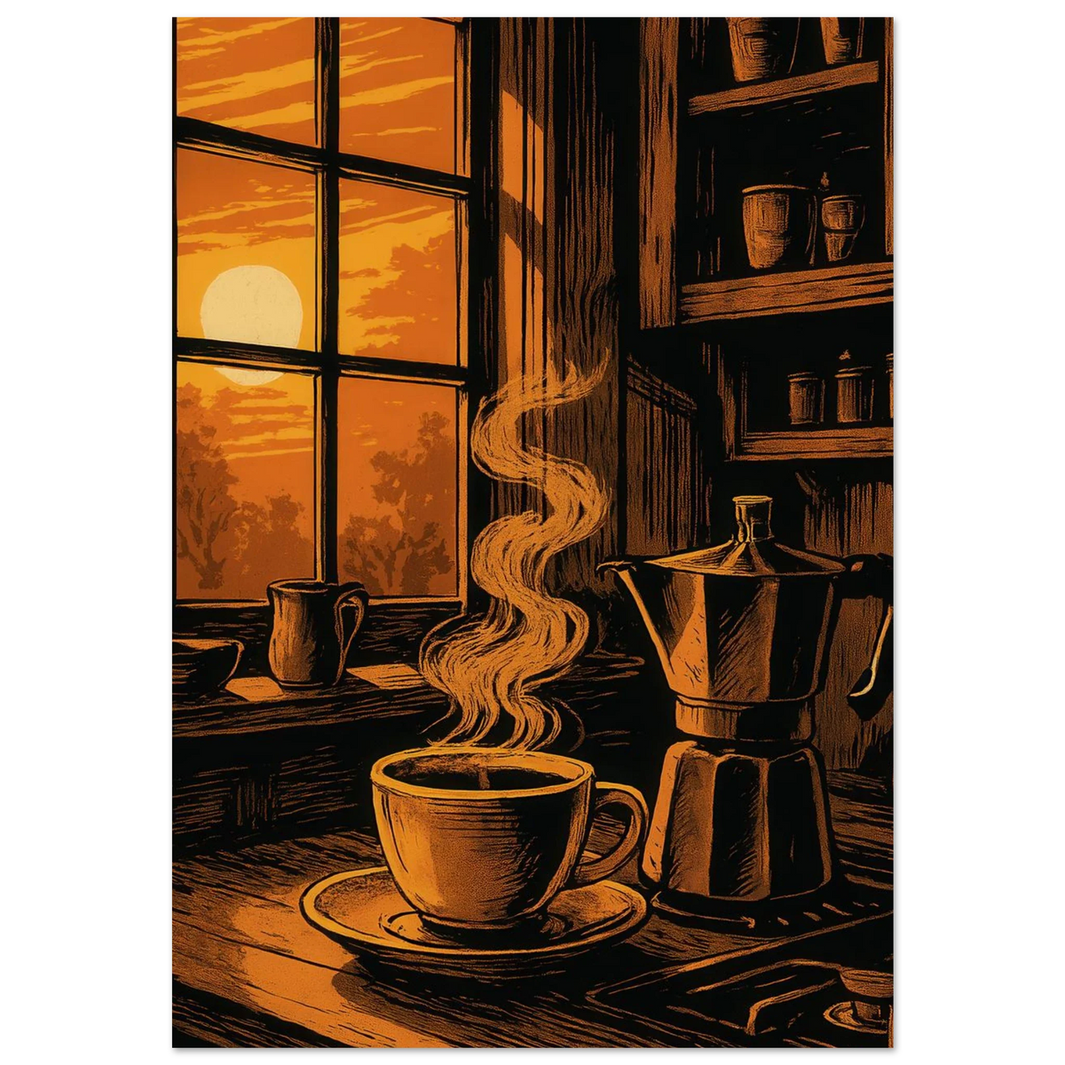 Frukter: "Warm Morning Brew" Konsttryck – Mysig Kökskonst för Hemmet