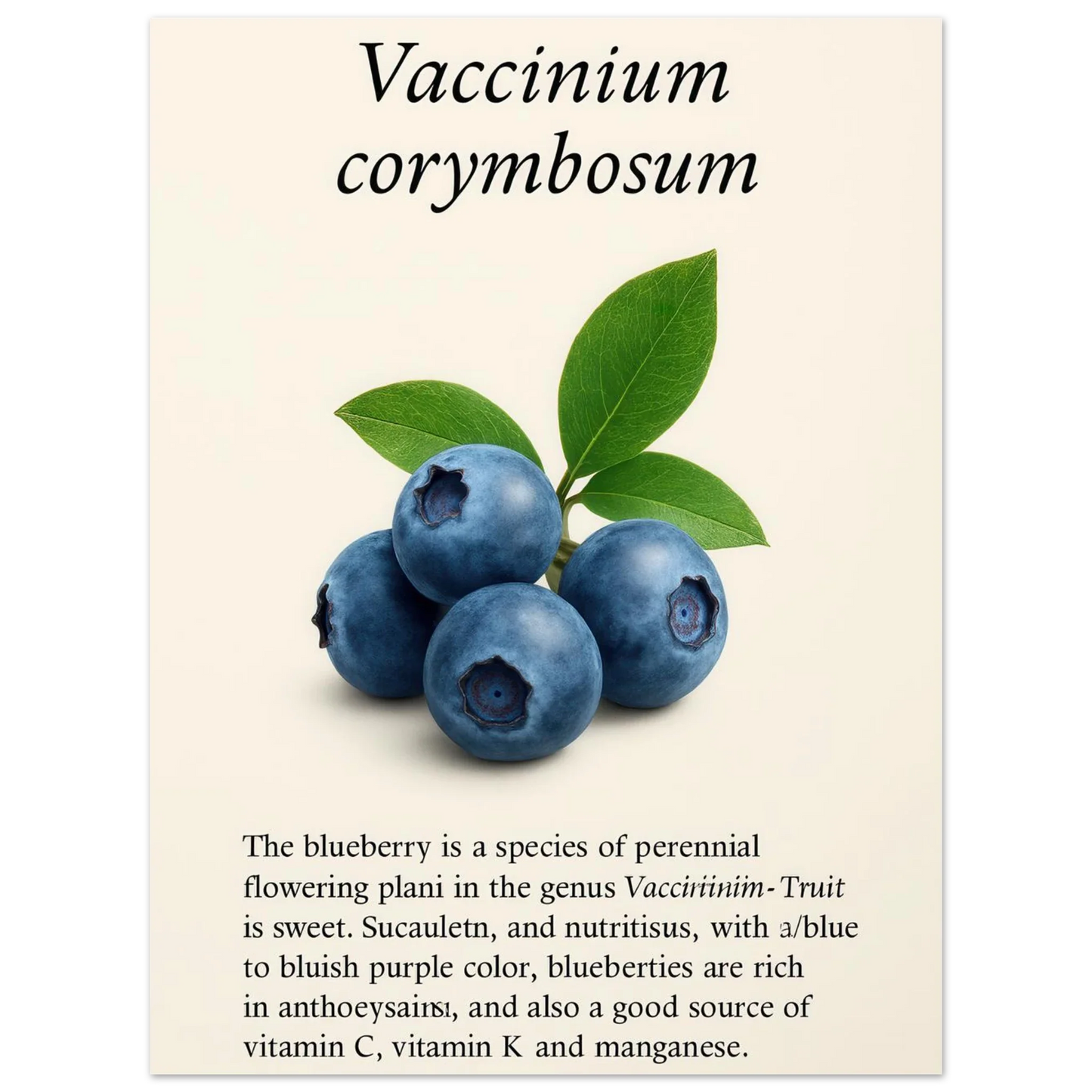 Frukter Botanisk Poster: Vaccinium Corymbosum (Blåbär) Konsttryck med levande blå nyanser och din valda storlek