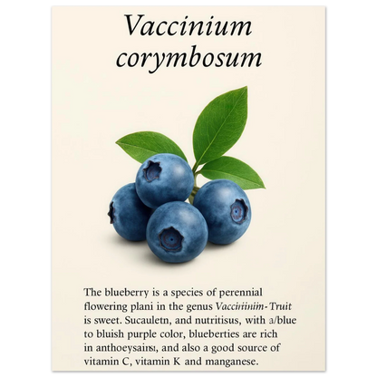 Frukter Botanisk Poster: Vaccinium Corymbosum (Blåbär) Konsttryck med levande blå nyanser och din valda storlek