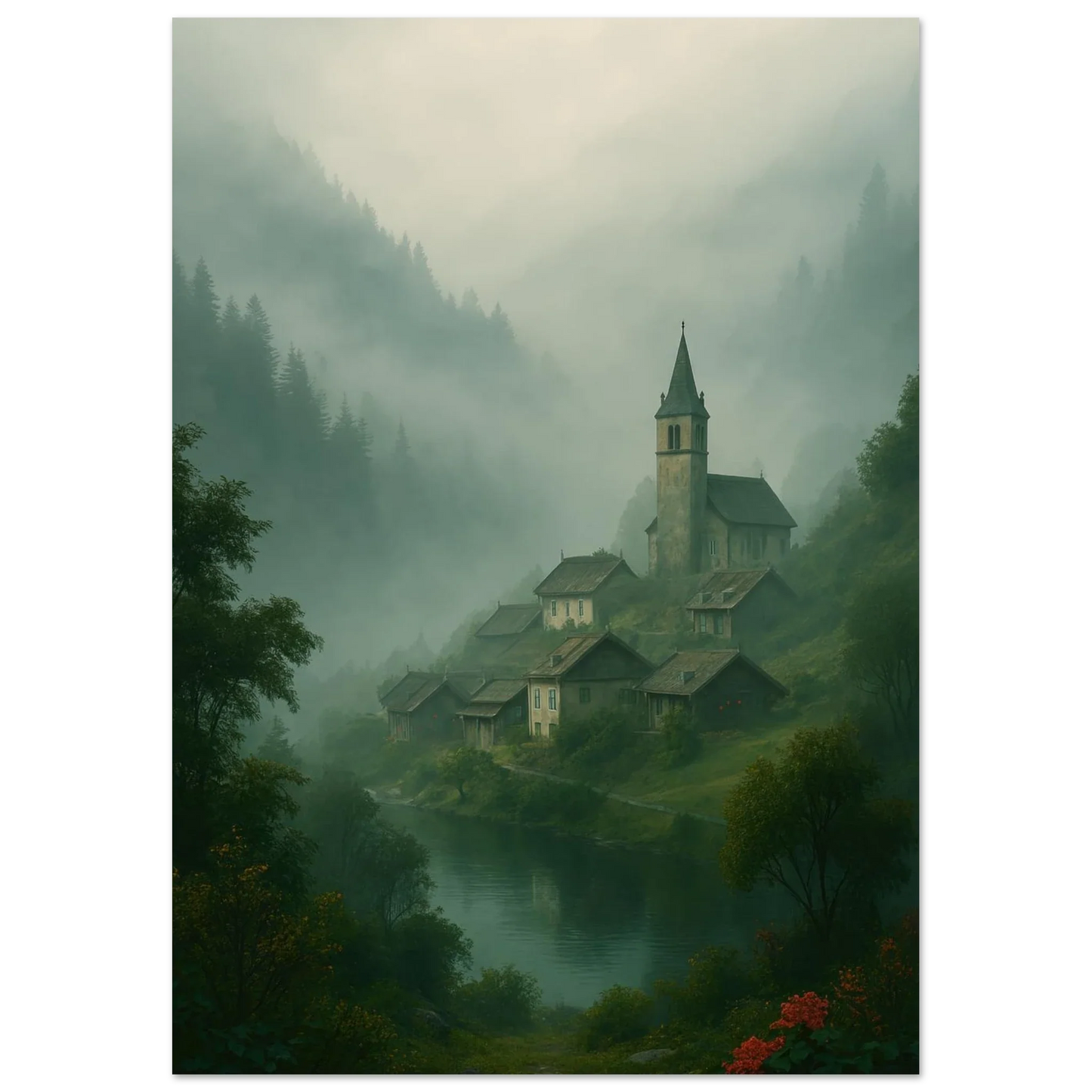 Mystical Alpine Village Foggy Landscape Poster - Evocative Mountain Scenery Art Print in Various Sizes