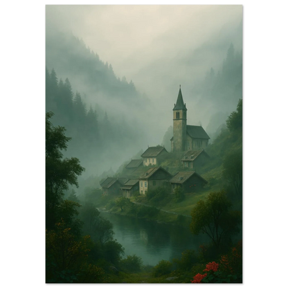 Mystical Alpine Village Foggy Landscape Poster - Evocative Mountain Scenery Art Print in Various Sizes