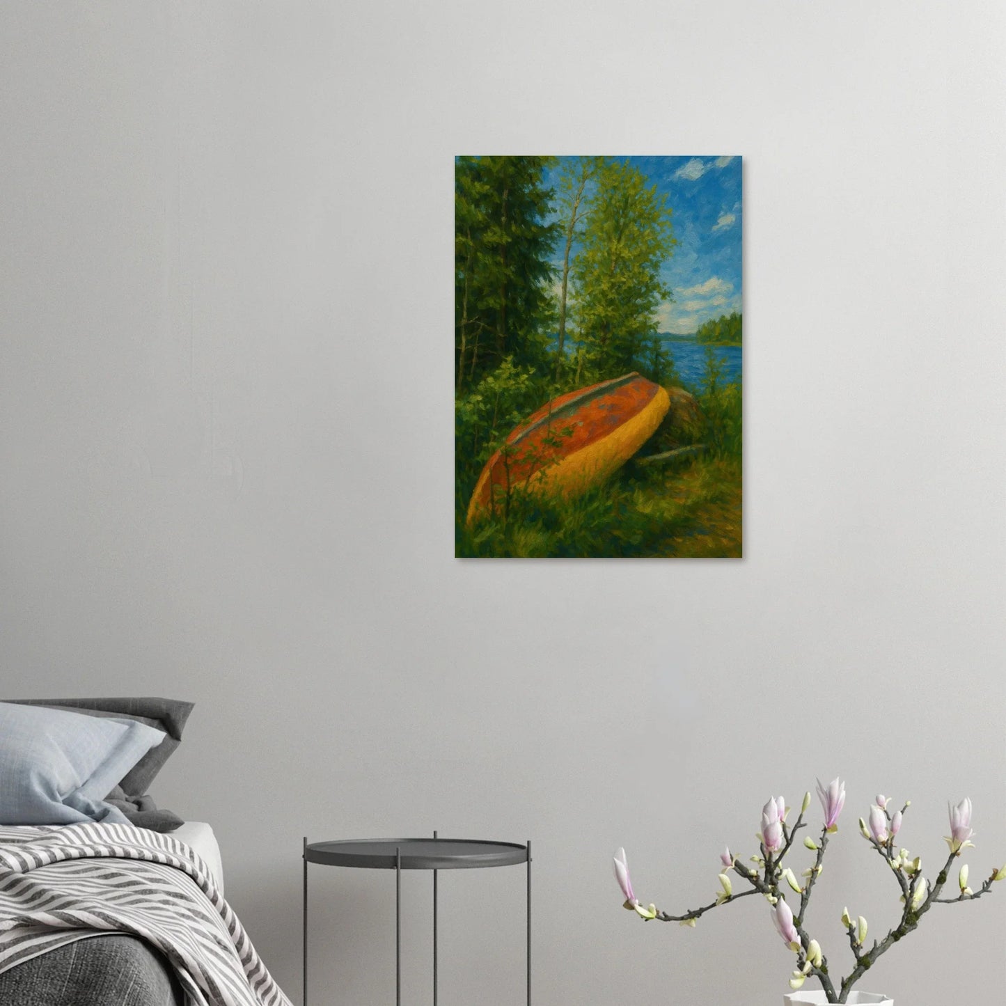 Rustic Lake Serenity: Impressionist Lakeside Canoe Art Print in Your Choice of 29 Sizes
