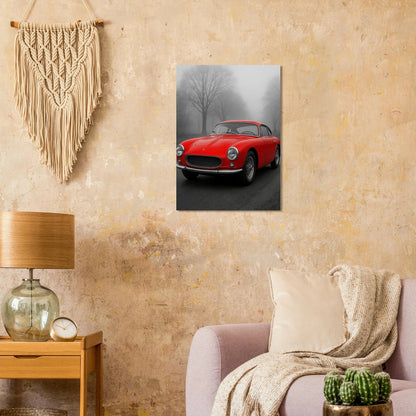 Bilar: Classic Red Sports Car Art Print – Captivating Mist Series, Available in Multiple Sizes