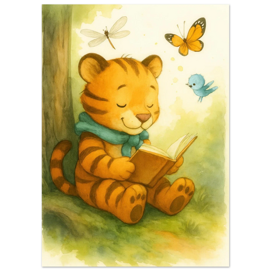 Barn Tiger Reading Watercolor Art Print – Charming Nursery Decor in Various Sizes