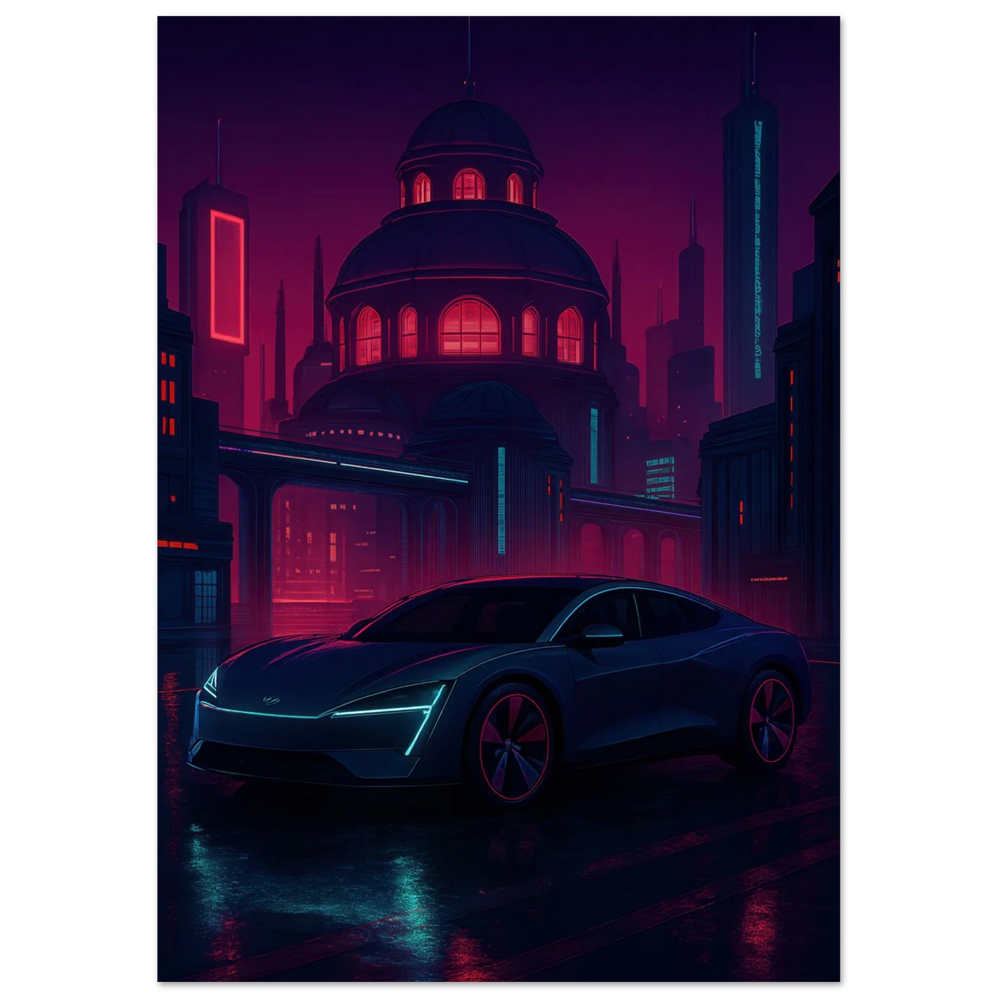 Futuristic Cyberpunk Bil Art Print – Neonstad Nattscen med Elbil