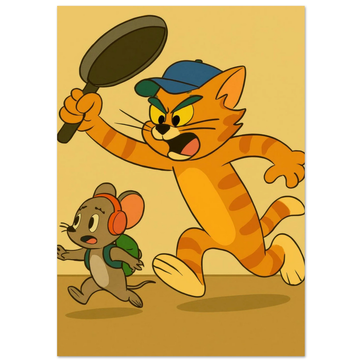 Katt Poster – Katt Jagar Mus med Stekpanna | Premium Halvblankt Papper