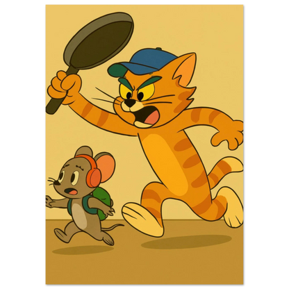 Katt Poster – Katt Jagar Mus med Stekpanna | Premium Halvblankt Papper