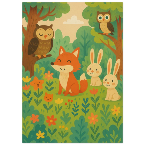 Förtrollande Skogsäventyr: Kawaii Djurkonsttryck på Premium Halvblankt Papper – Välj Din Storlek