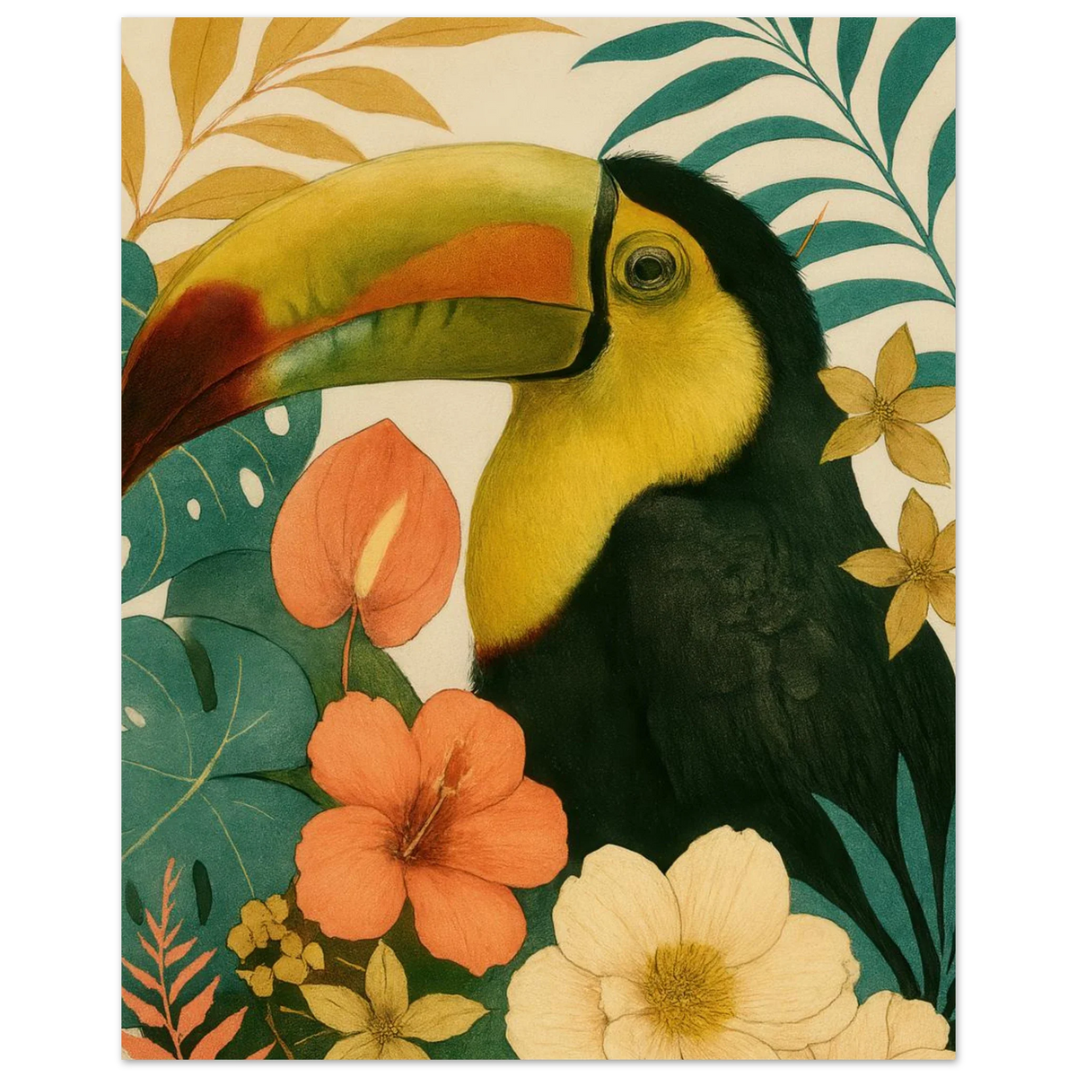 Tropisk Toucan Konsttryck - Djärva Djur & Blommor i Varma Toner