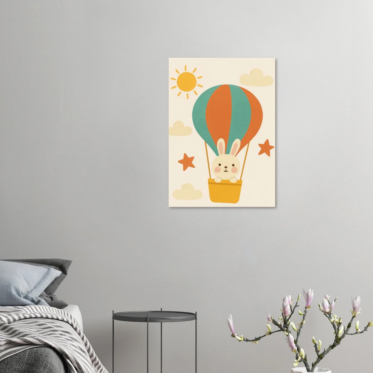 Dreamy Hot Air Balloon Bunny Adventure Poster - Whimsical Wall Art in Various Sizes