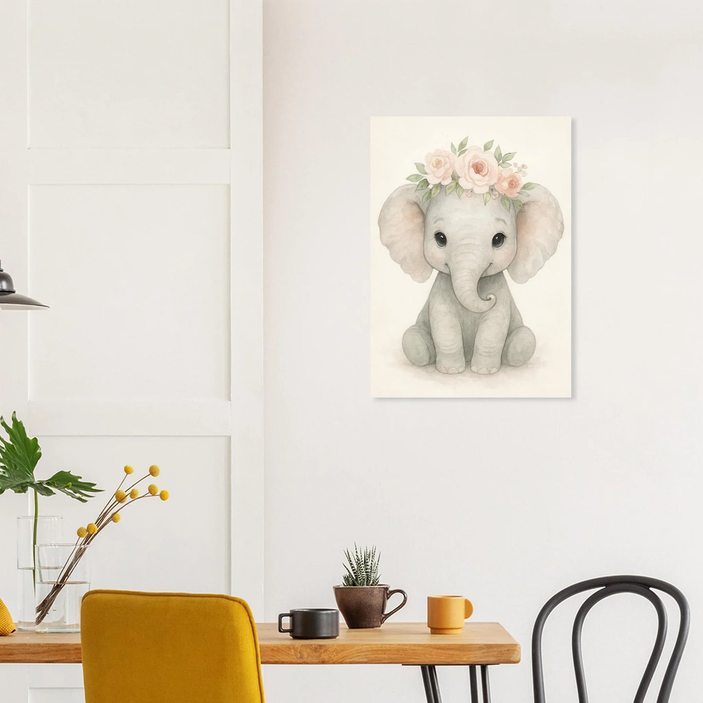 Söt Baby Elefant med Blomsterkrans – Akvarellkonsttryck för Barnrummet