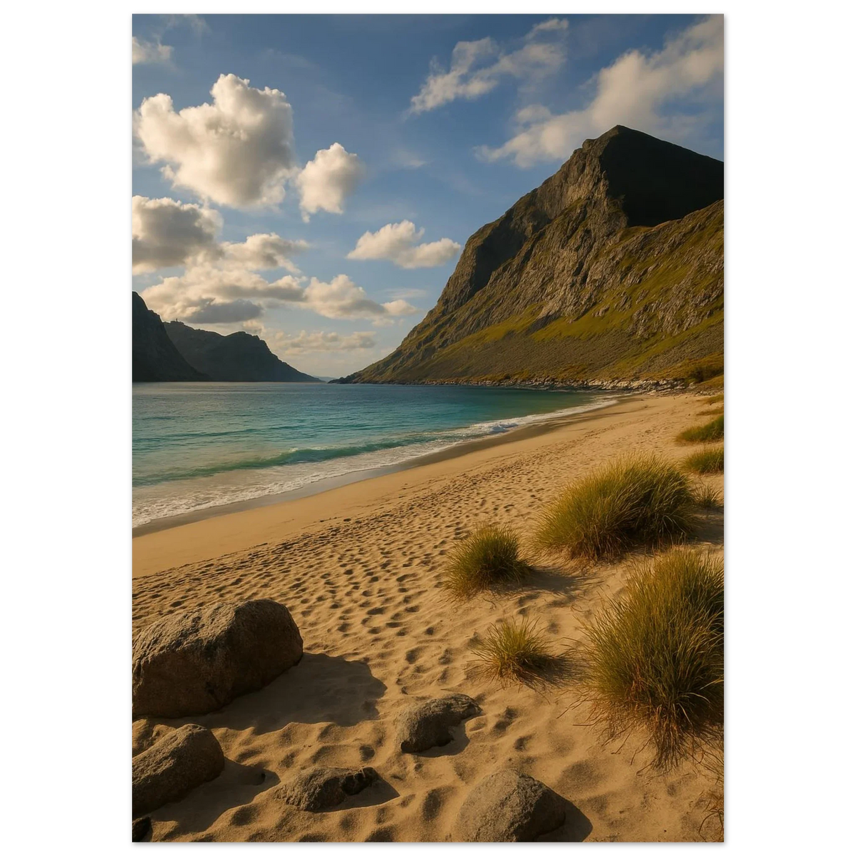 Serene Mountain Beach Horizon Poster – Coastal Beauty Print with Azure Waters & Golden Sand
