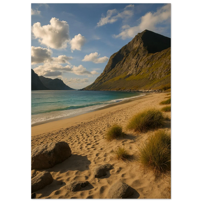 Serene Mountain Beach Horizon Poster – Coastal Beauty Print with Azure Waters & Golden Sand