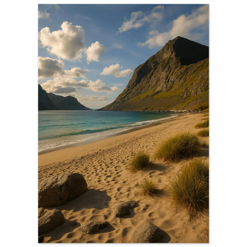 Serene Mountain Beach Horizon Poster – Coastal Beauty Print with Azure Waters & Golden Sand