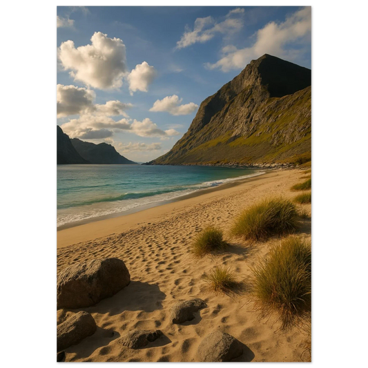 Serene Mountain Beach Horizon Poster – Coastal Beauty Print with Azure Waters & Golden Sand
