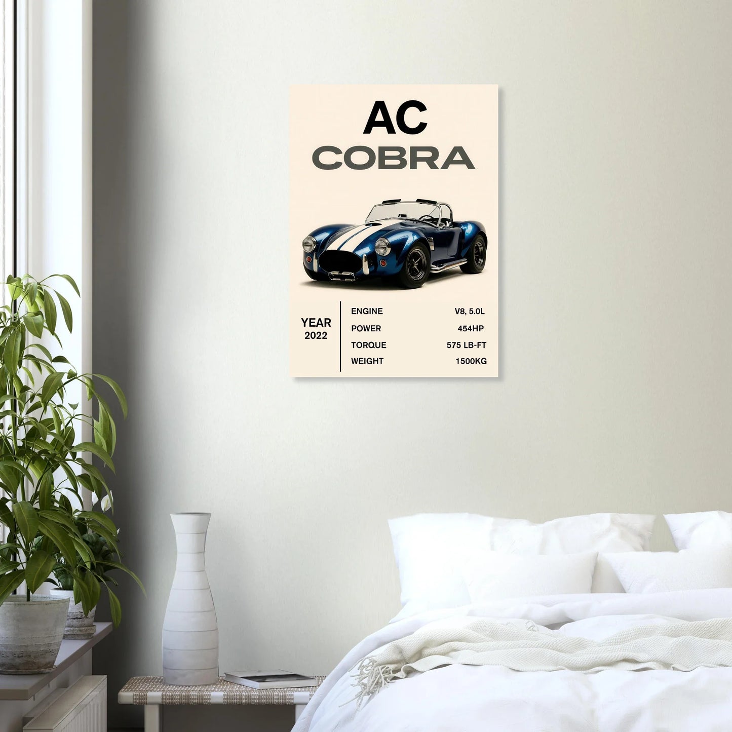 AC Cobra Luxury Car Art Print – Blue & White Vintage Sports Car Poster