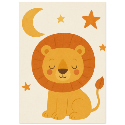 Sleepy Lion Cub Poster - Whimsical Nursery Art in Warm Gold & Orange Hues