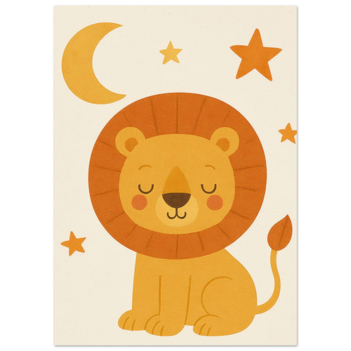 Sleepy Lion Cub Poster - Whimsical Nursery Art in Warm Gold & Orange Hues