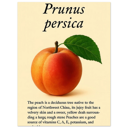 Frukter: Fresh Peach Botanical Art Print – Vibrant & Velvety 'Prunus persica' Poster in Your Choice of Sizes