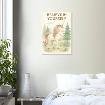 Magical Unicorn 'Believe in Yourself' Art Print – Whimsical Nursery & Kids Room Decor
