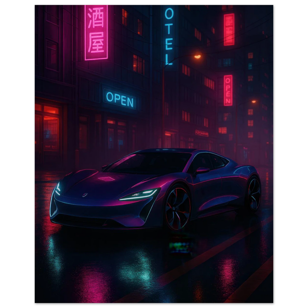 Neon Night Rider Poster: Vibrant Cyberpunk Car Art Print, Choose Your Size