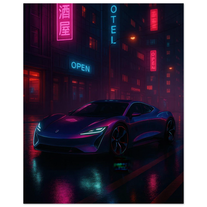 Neon Night Rider Poster: Vibrant Cyberpunk Car Art Print, Choose Your Size