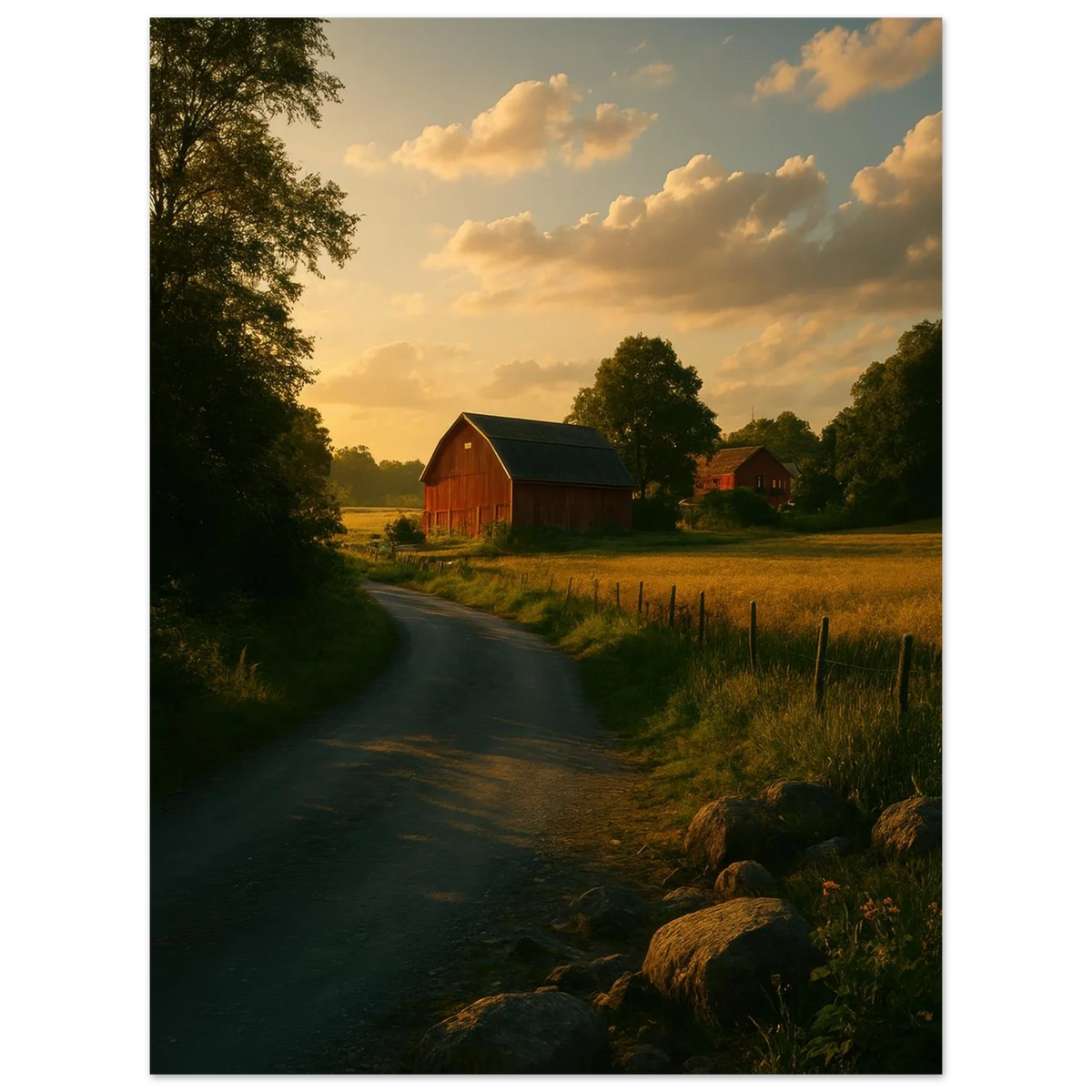 Golden Hour Farm Road Poster - Serene Rural Landscape Print for Your Home