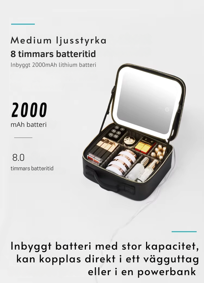 Sminkväska med LED-spegel, svart och rosa