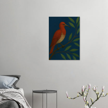 Djur: Vibrant Crimson Bird Art Print on Deep Teal Background, available in multiple sizes