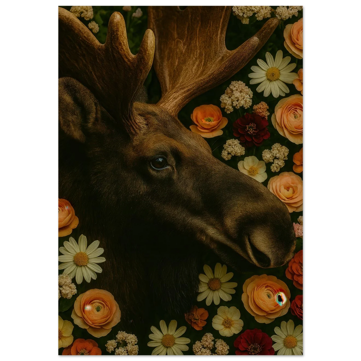 Djur: Majestic Moose & Floral Dream Art Print – Captivating Wildlife in Bloom for Your Home