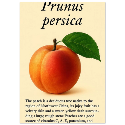 Frukter: Fresh Peach Botanical Art Print – Vibrant & Velvety 'Prunus persica' Poster in Your Choice of Sizes