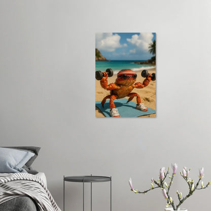 Stark Krabba: Träningsinspiration på Stranden – Humoristisk Djurkonsttryck i Olika Storlekar