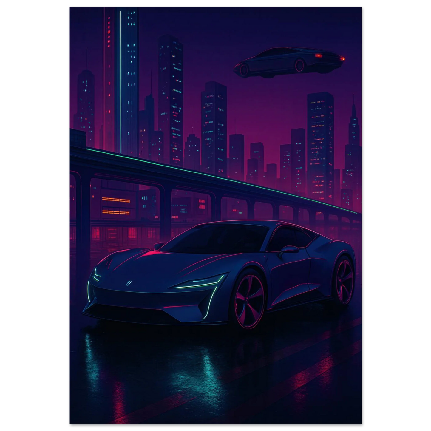Futuristic Cyberpunk Stad Night Drive Konsttryck – Neonbelyst Bil Affisch i Valfri Storlek