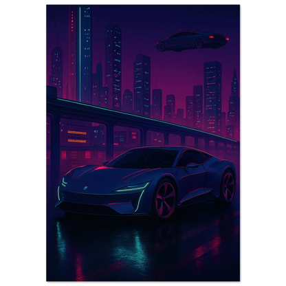 Futuristic Cyberpunk Stad Night Drive Konsttryck – Neonbelyst Bil Affisch i Valfri Storlek