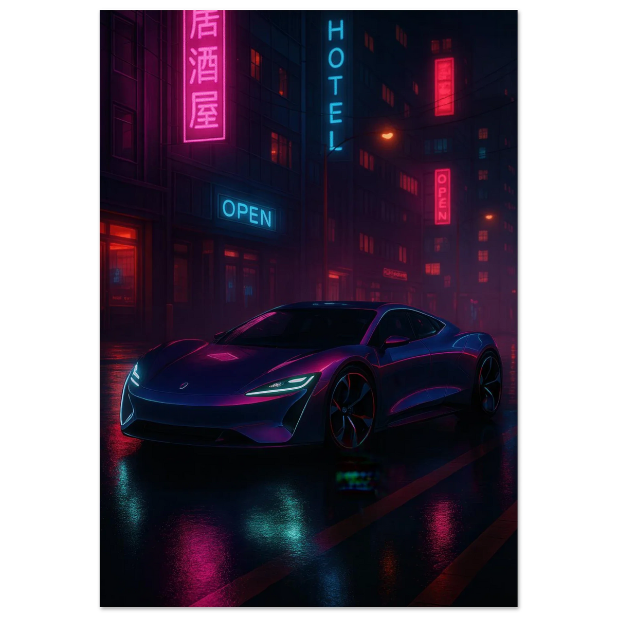 Neon Night Rider Poster: Vibrant Cyberpunk Car Art Print, Choose Your Size