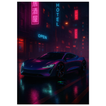 Neon Night Rider Poster: Vibrant Cyberpunk Car Art Print, Choose Your Size